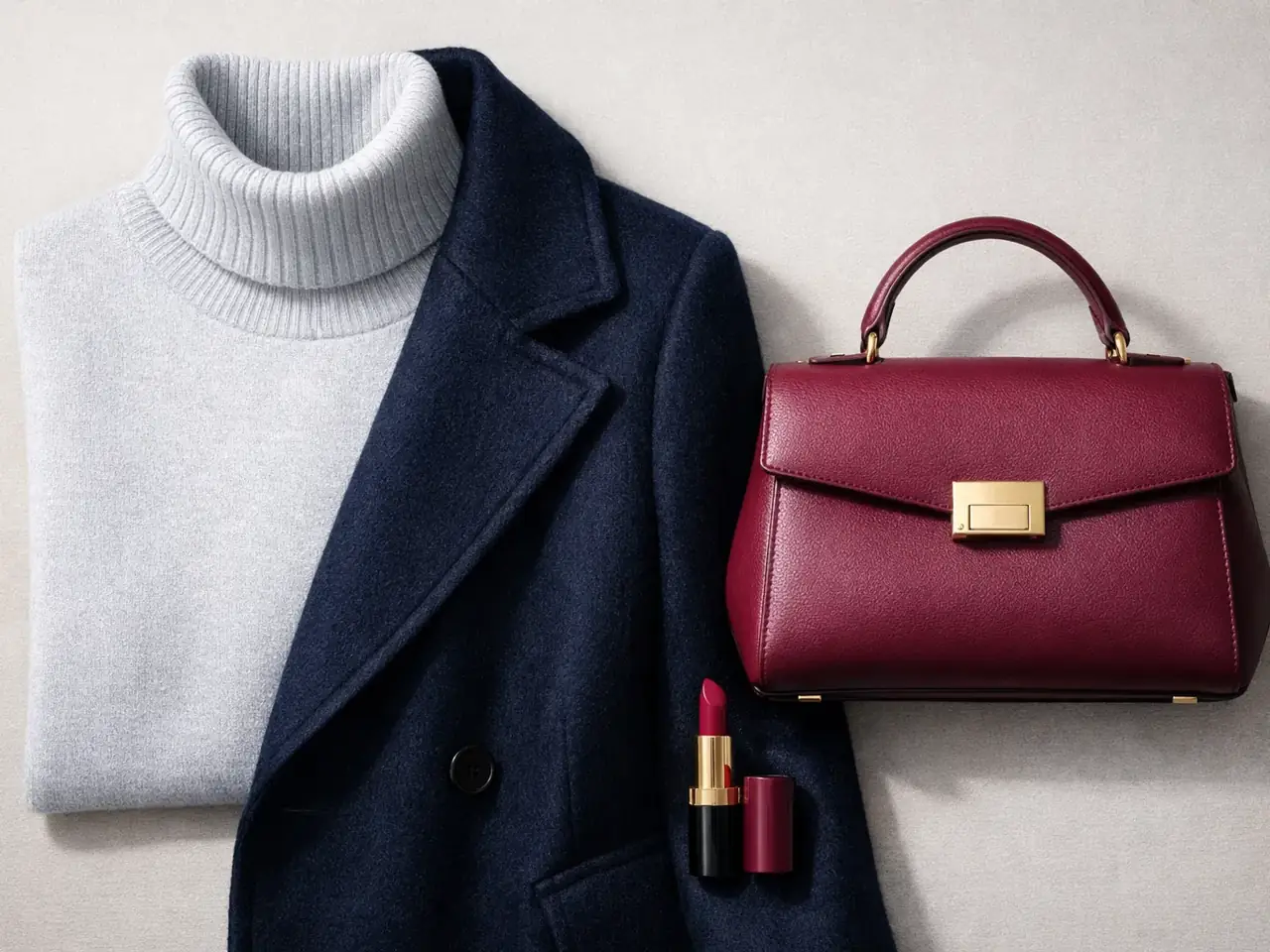 Deep Winter capsule wardrobe flat lay: icy grey turtleneck, navy coat, burgundy handbag, and matching lipstick, exemplifying high-contrast styling with light neutrals and dark power colors.