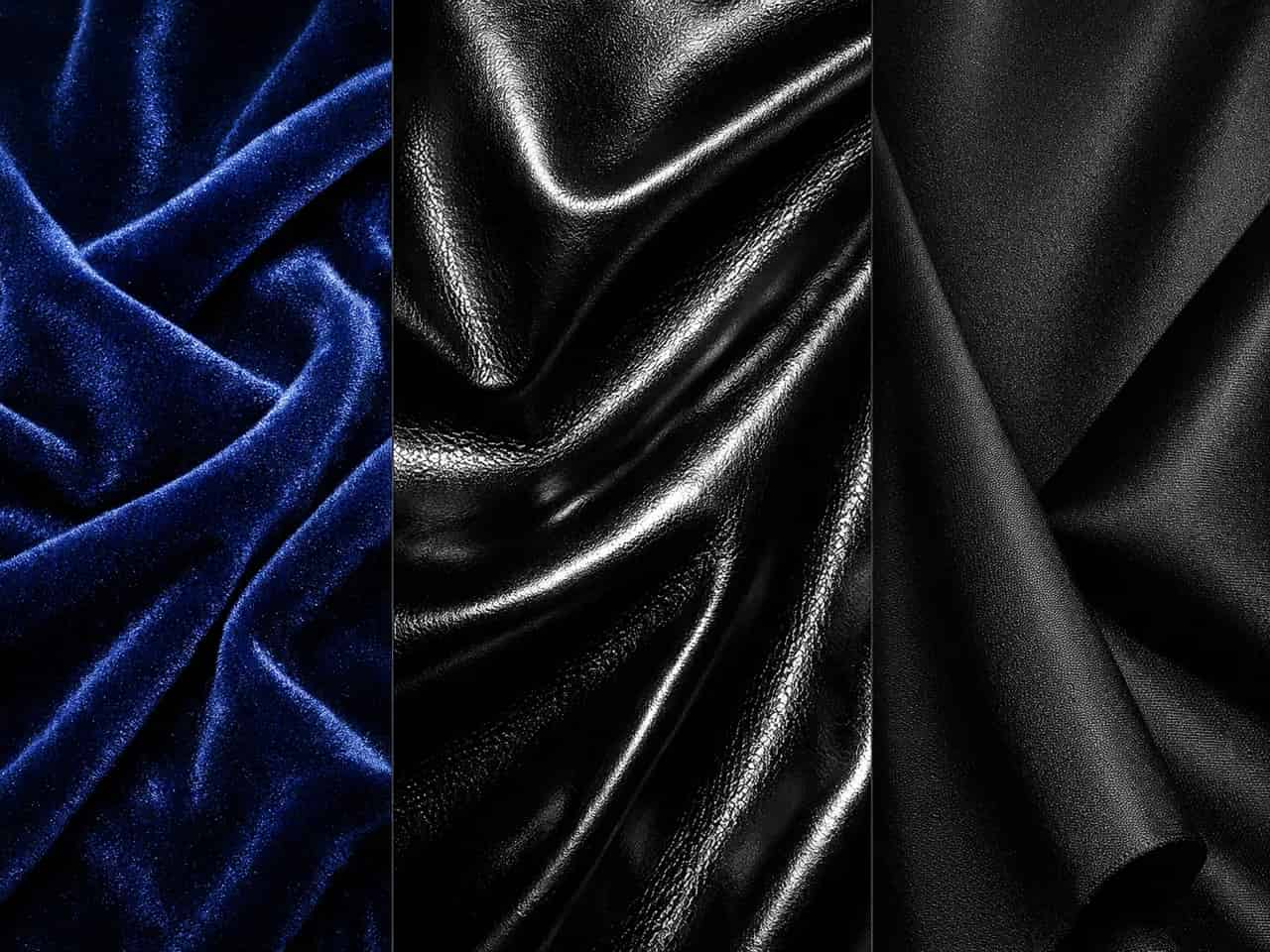 Luxury fabric textures ideal for Deep Winter: midnight blue velvet, black metallic satin, and matte black wool, reflecting the season's intensity and regal sheen.