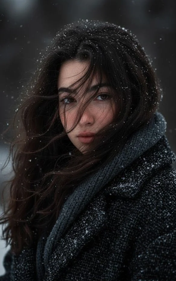 Deep Winter color palette fashion example featuring a woman in a charcoal grey coat with high-contrast dark hair against a snowy background.