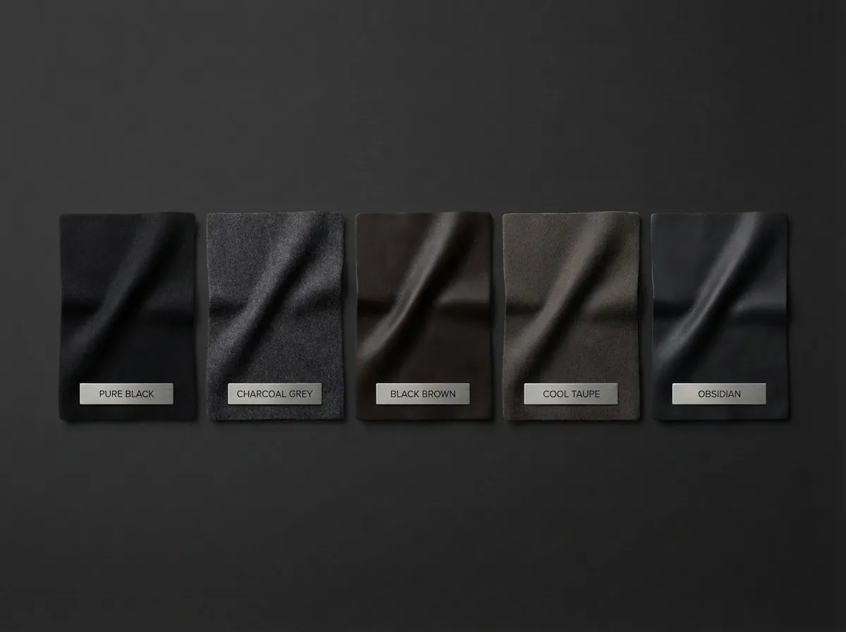 Neutral fabric swatches of Deep Winter approved cool-toned shades (Pure Black, Charcoal Grey, Black Brown, Cool Taupe, Obsidian), showcasing winter-appropriate neutrals and browns.