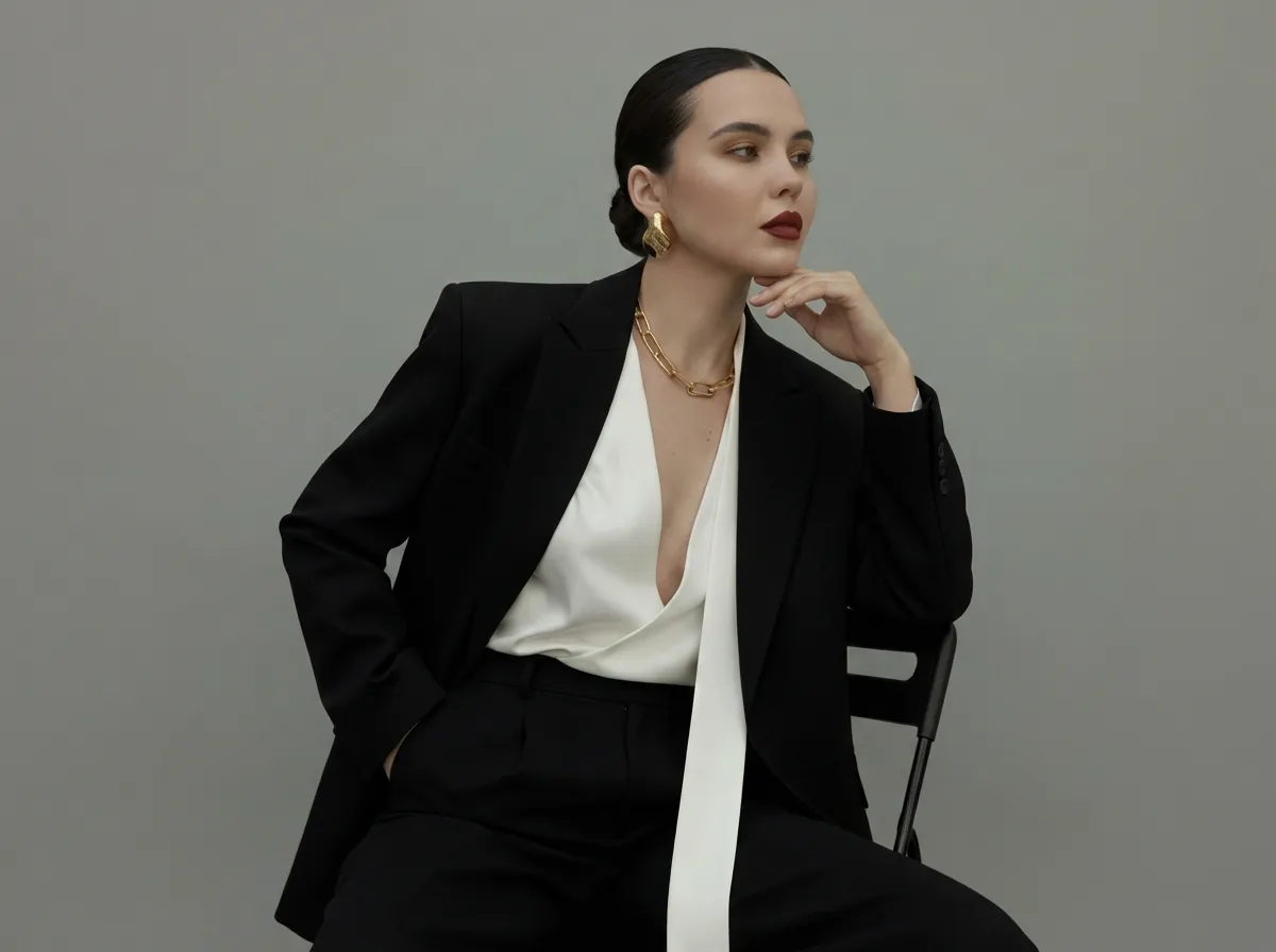 Deep Winter style guide example: A woman wearing a high-contrast outfit with a sharp black blazer over a white silk top, complemented by bold dark red lipstick.
