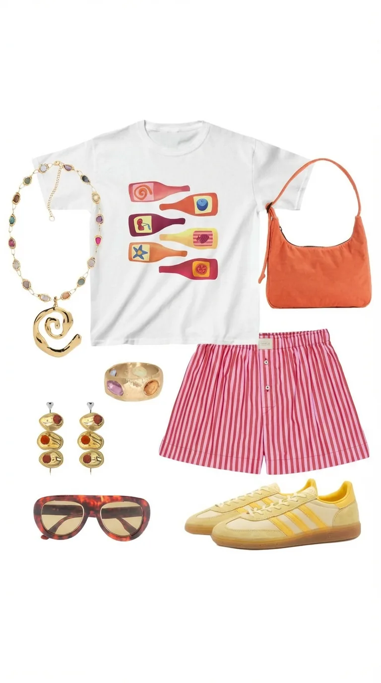 Dopamine dressing outfit with a graphic white tee, pink striped shorts, an orange shoulder bag, colorful gold jewelry, and yellow sneakers, a vibrant ensemble for try-on via the AI outfit generator app