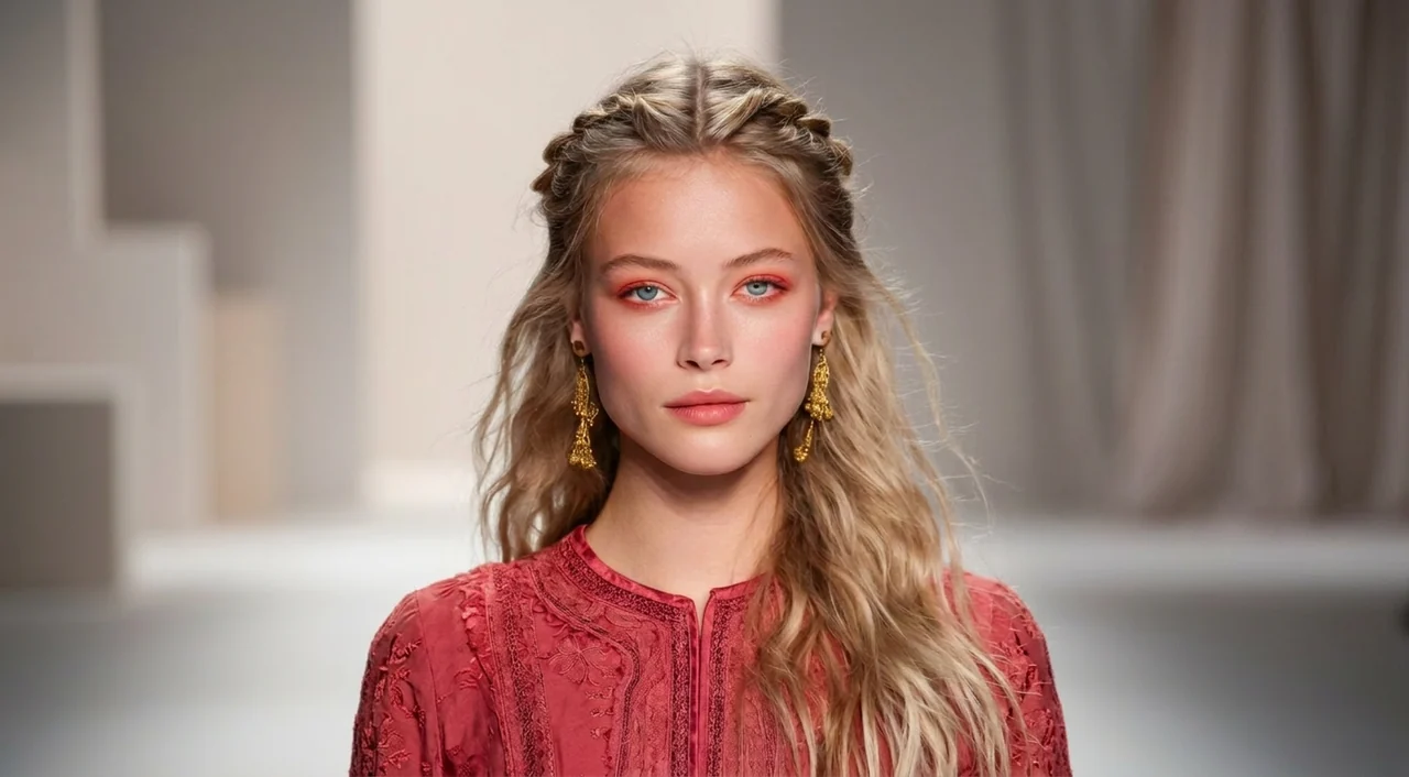 Beautiful woman with braided wavy blonde hair and red makeup, perfect example for AI face shape detector