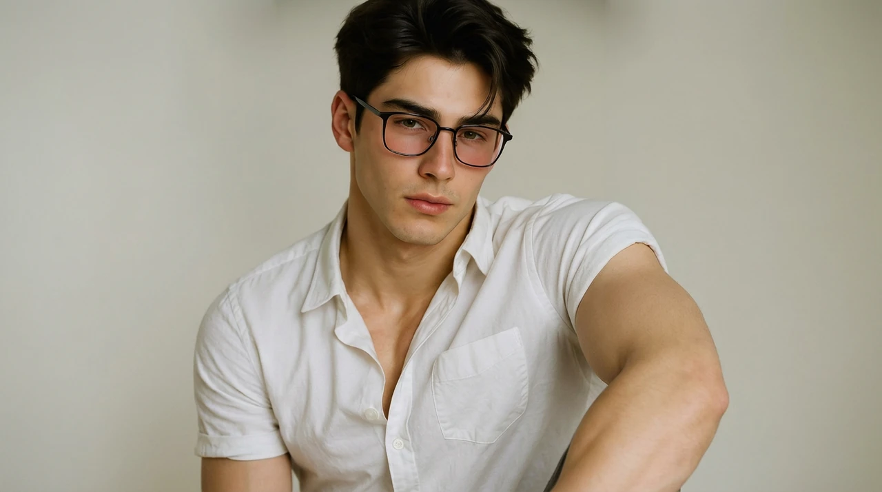 Male model wearing black frames via AR glasses virtual try-on technology.