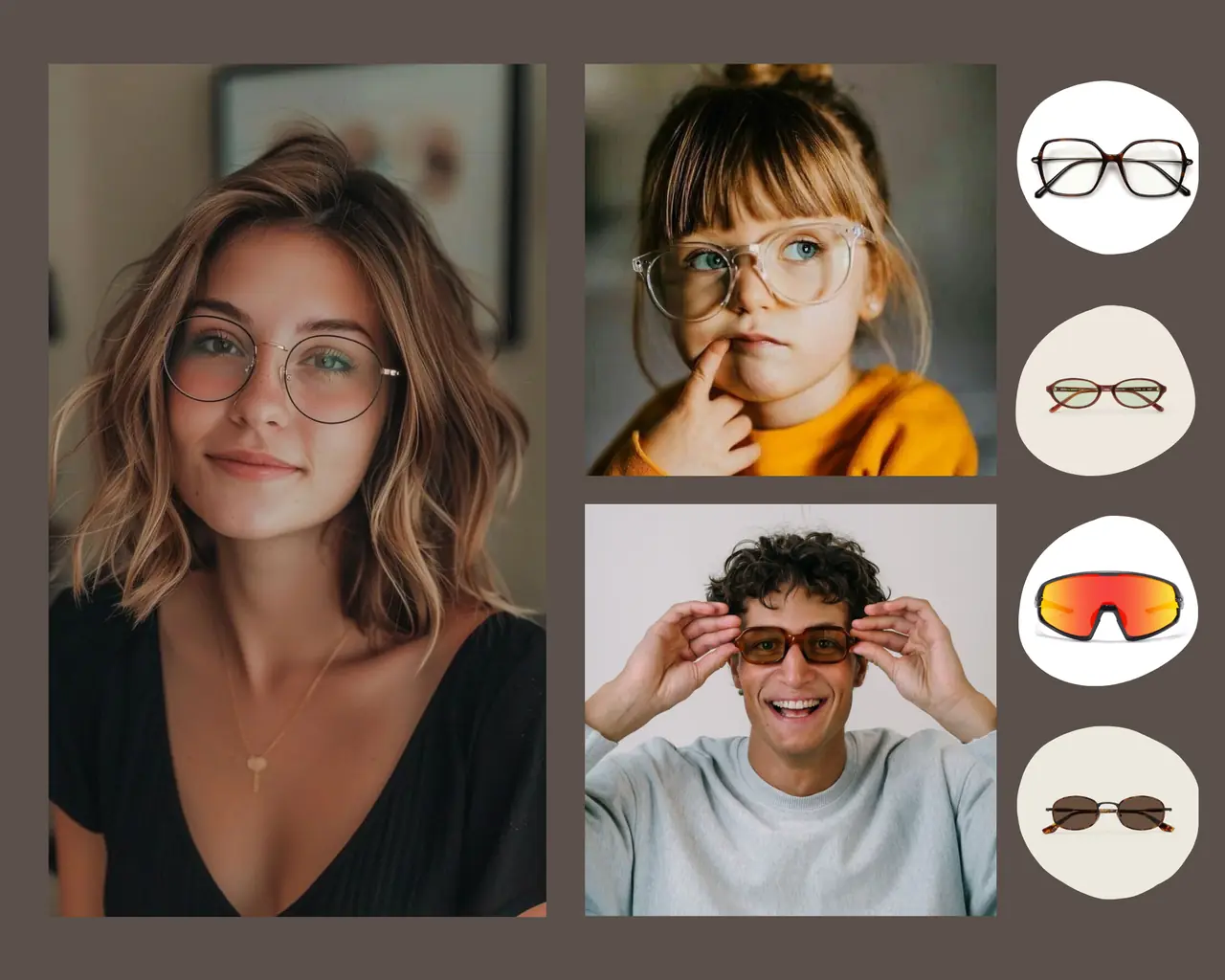 Collage showing diverse models and trendy frame styles for online eyewear selection.