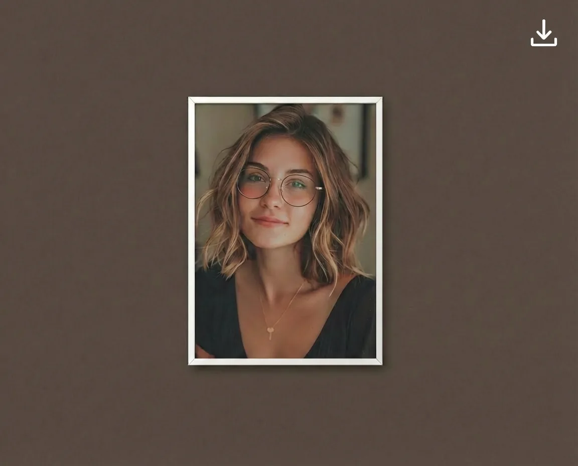 Final virtual try-on result showing woman in glasses with download option.