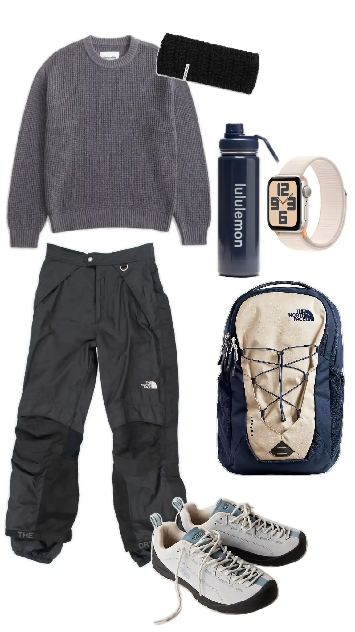 Gorpcore outfit with a gray sweater, The North Face pants, hiking shoes, and accessories, provided by the AI outfit generator.