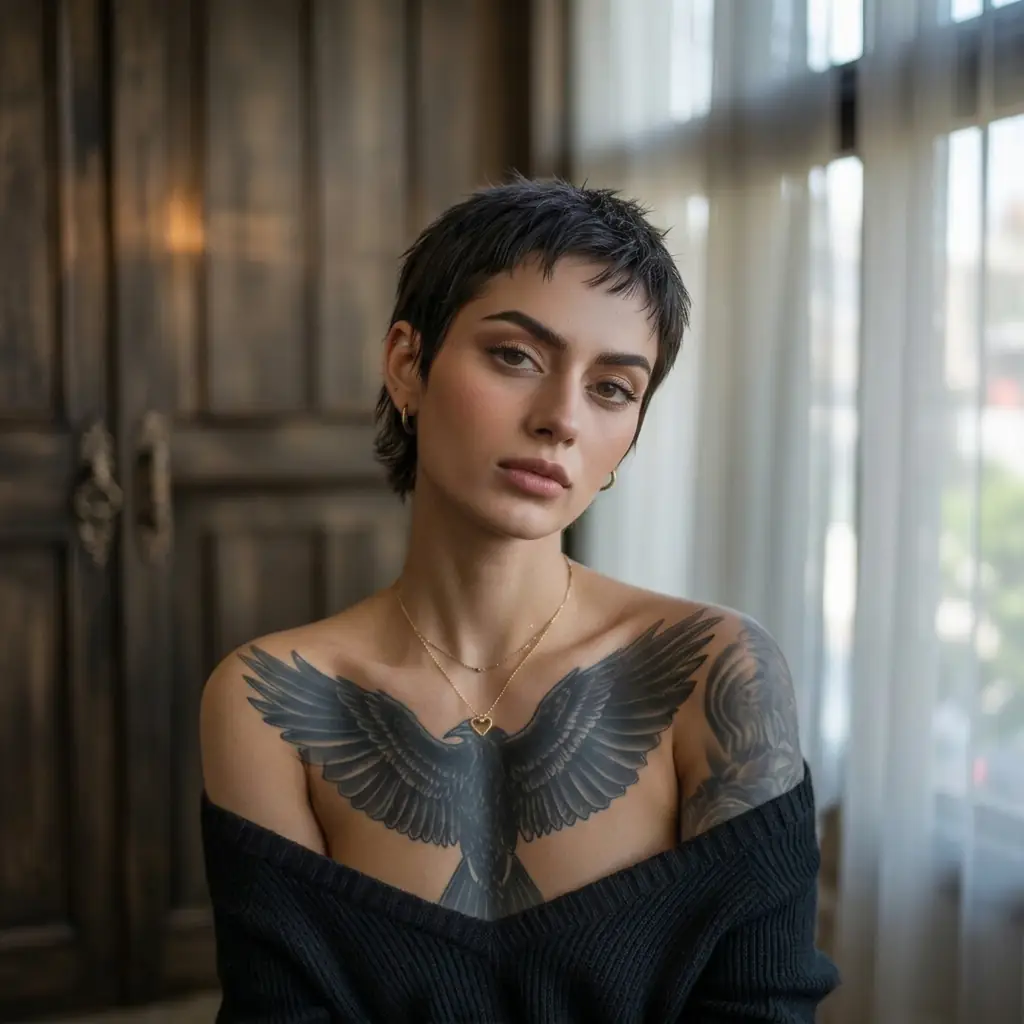 Woman with edgy pixie cut, illustrating how to avoid bad haircuts and find the right hairstyle AI recommends for your face shape