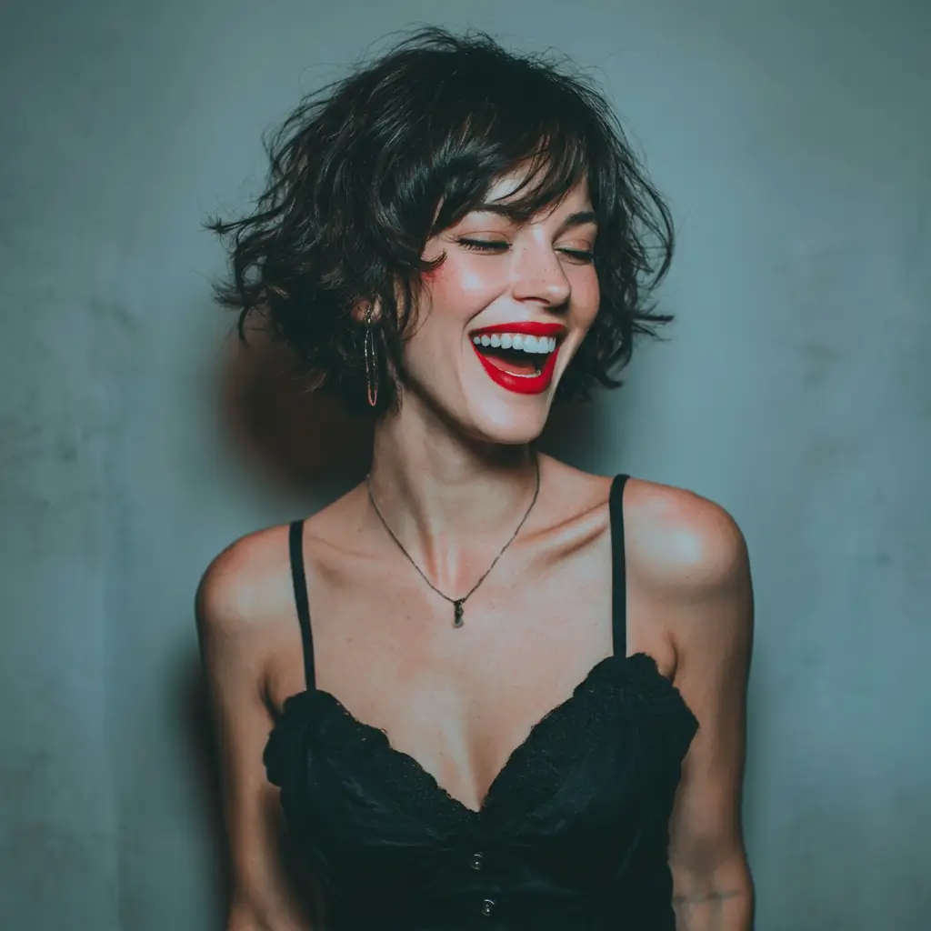 Woman with playful curly bob, demonstrating the AI ease hairstyle process for instant virtual style makeovers from a selfie