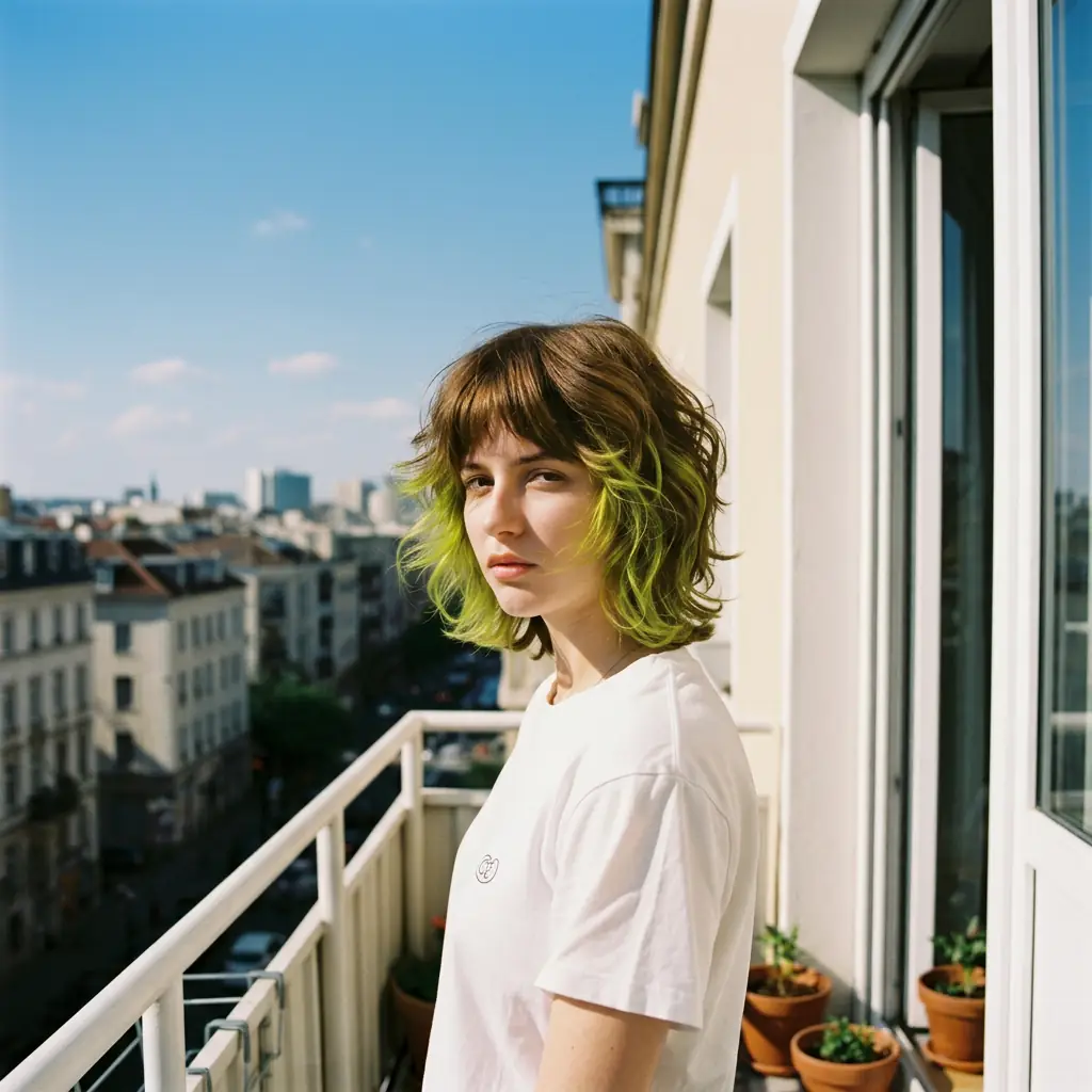 Woman with bold green-tipped wolf cut, showcasing the AI hairstyle changer's creative freedom to experiment with trendy looks