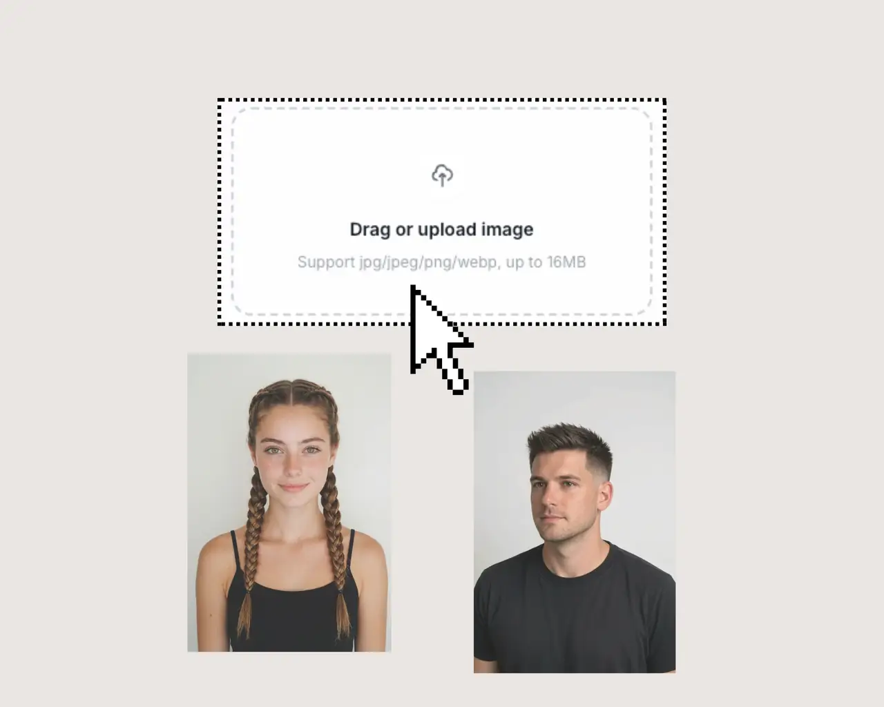 Drag or upload image interface for AI hairstyle changer, showing step to upload a clear selfie for virtual hairstyle try-on