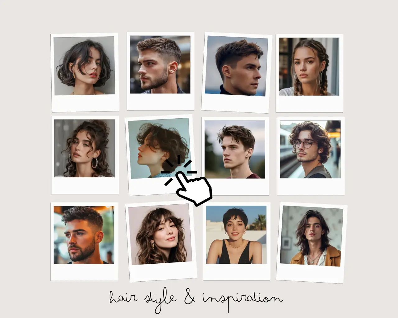 Hairstyle inspiration gallery with polaroid previews, demonstrating how to pick a trendy cut or upload reference photos for AI hairstyle changer