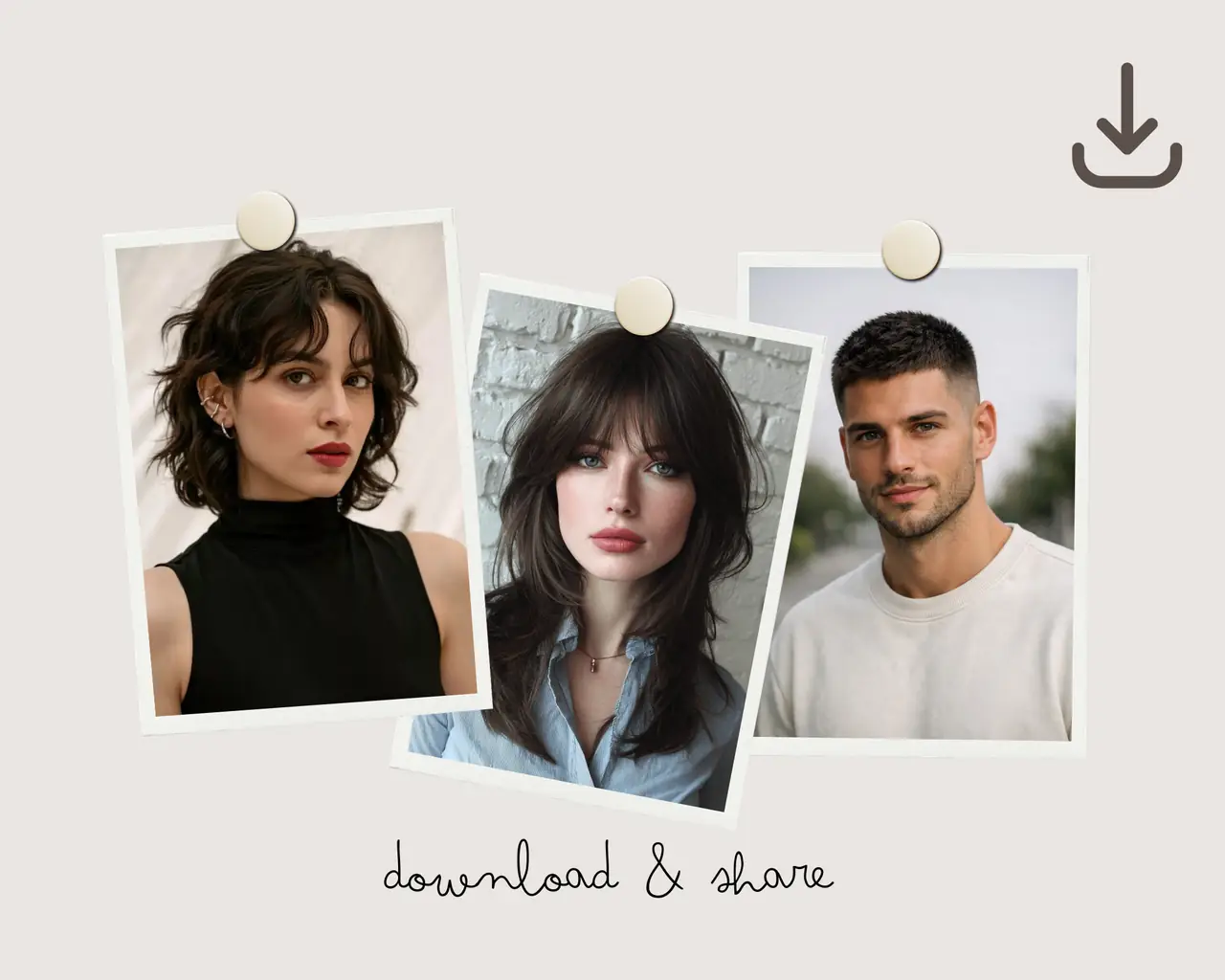 Download and share screen with transformed hairstyle previews, illustrating how to save new looks via AI hairstyle changer app or browser