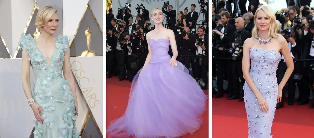 Cate Blanchett, Elle Fanning, and Naomi Watts in cool pastel red carpet gowns, showcasing light summer color palette celebrities