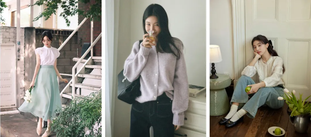 Korean clean girl outfits with soft chiffon and mohair textures for light summer color palette fashion