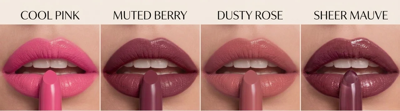 Cool pink, muted berry, dusty rose and sheer mauve lipstick swatches for light summer color palette lipstick
