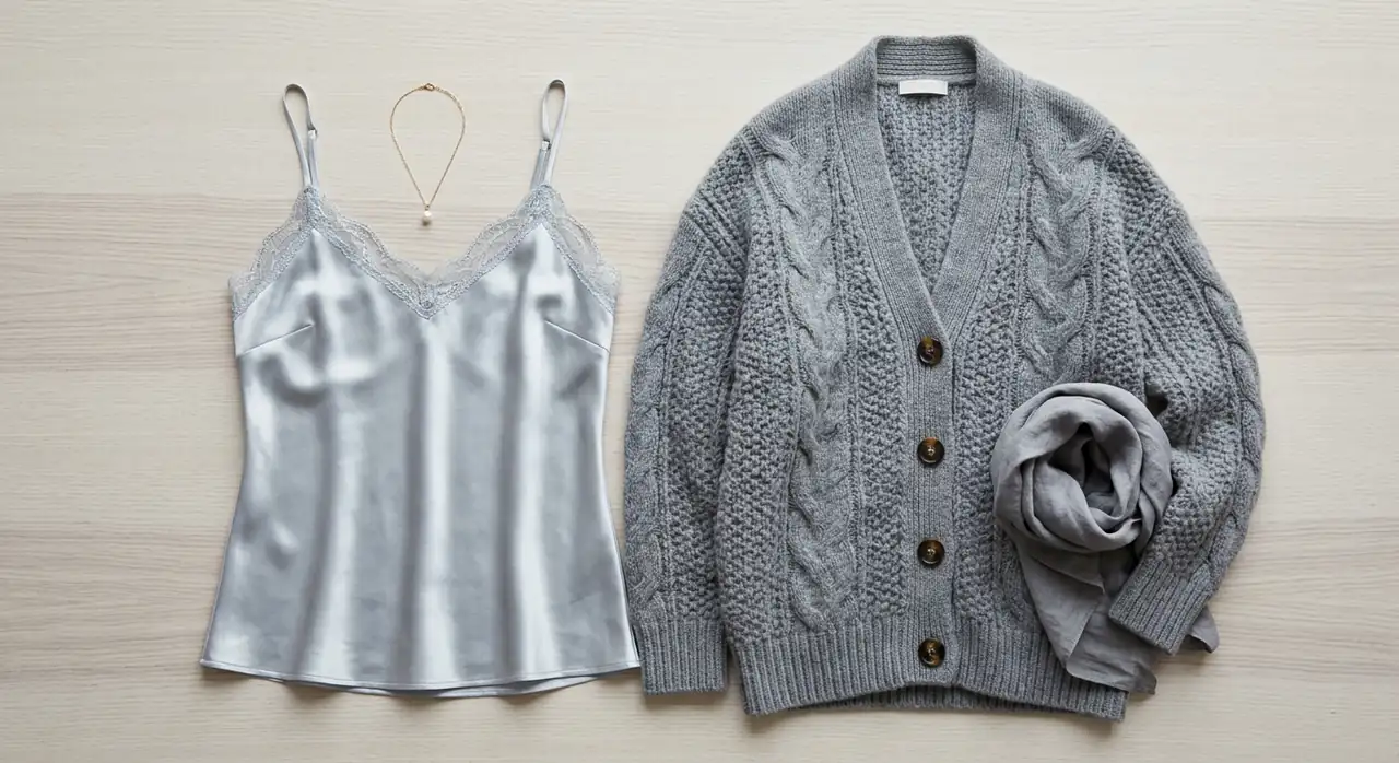 Silk camisole and chunky cardigan for light summer color palette fashion