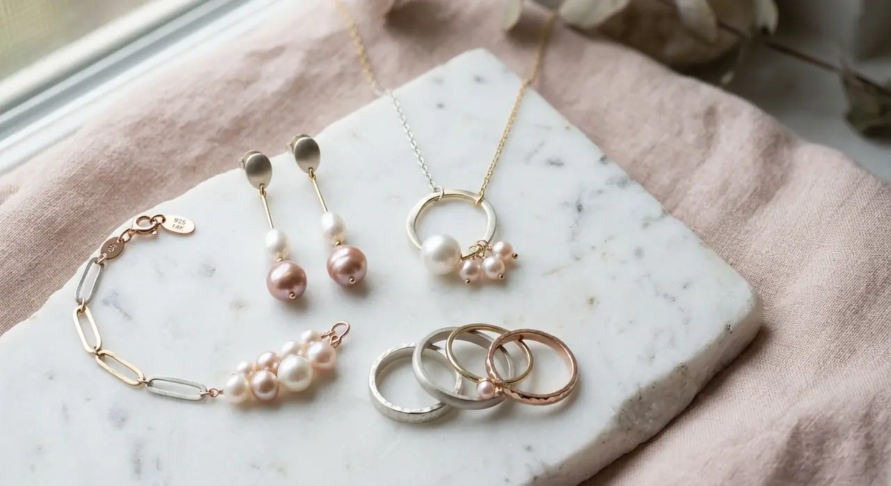 Pearl and mixed metal earrings, necklace, and rings for light summer color palette