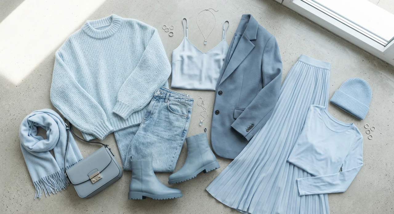 Monochrome light blue outfit flat lay for light summer color palette outfits