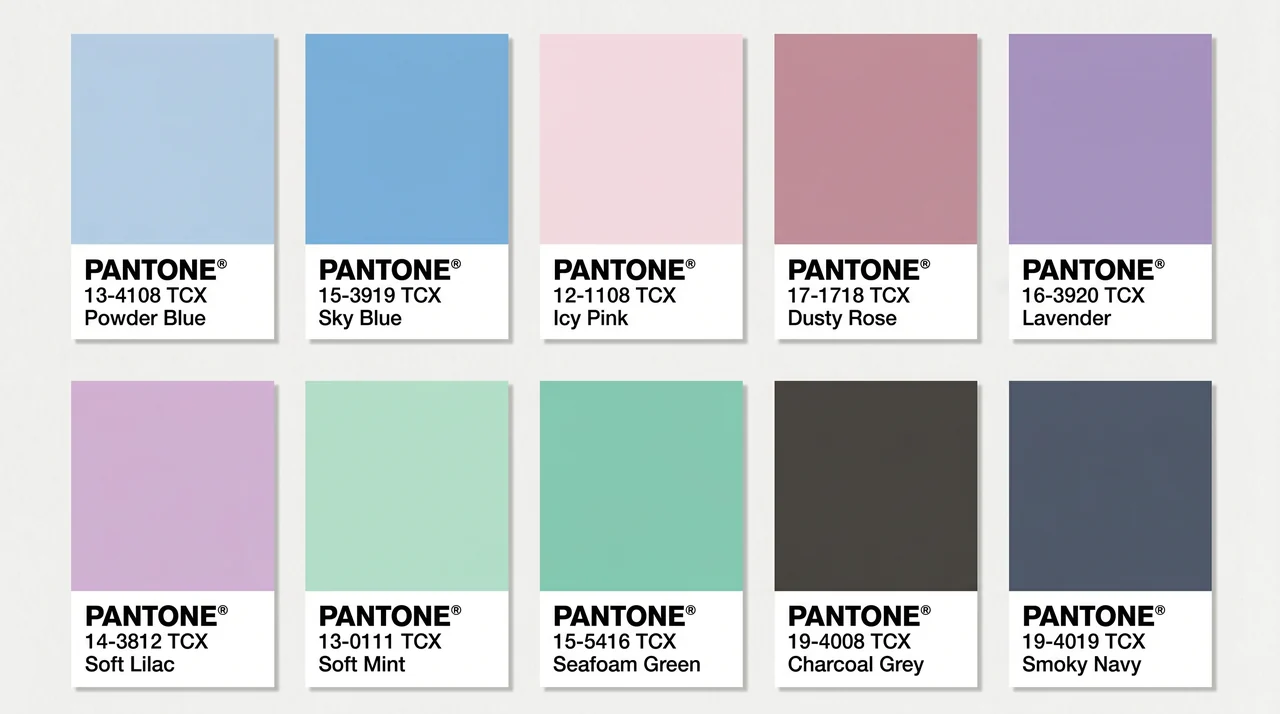 Pantone color swatch chart displaying soft pastels, defining light summer color palette