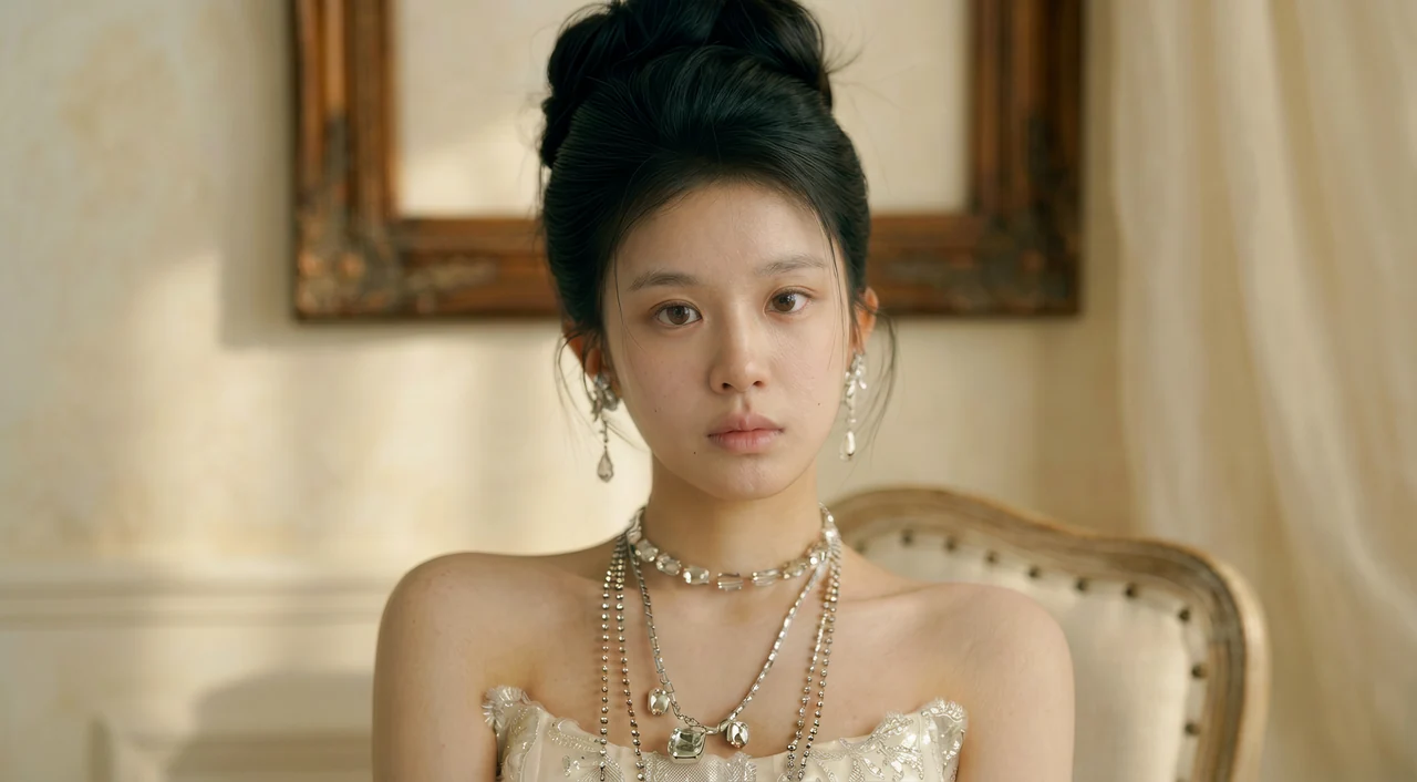 Portrait of a young woman with a bare, natural face, styled in an elegant updo and layered silver jewelry.