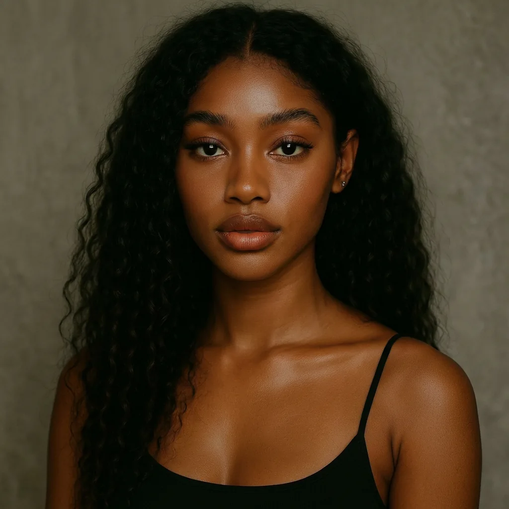 Dark-skinned model with curly hair for checking eyewear fit using AR try-on technology.