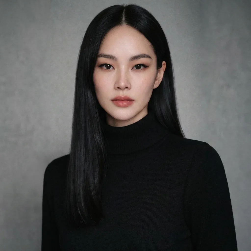 Asian woman model portrait used for online 3D glasses fitting and size visualization.