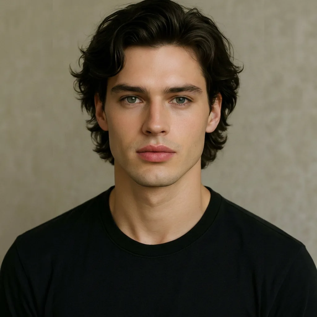 Dark-haired male model with wavy locks ready for virtual glasses try-on to test frame styles.