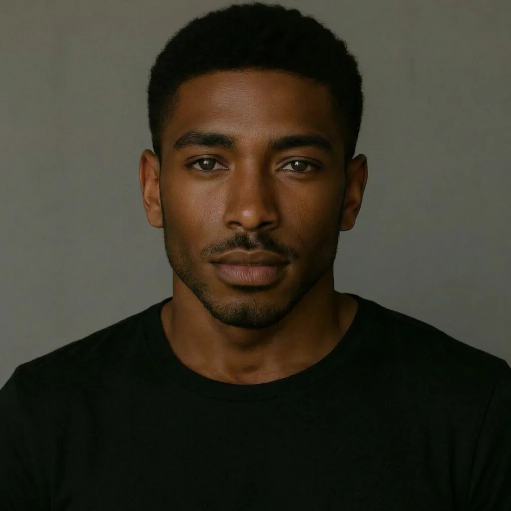 Black male model with short hair ready for AR glasses virtual try-on to test frame styles.