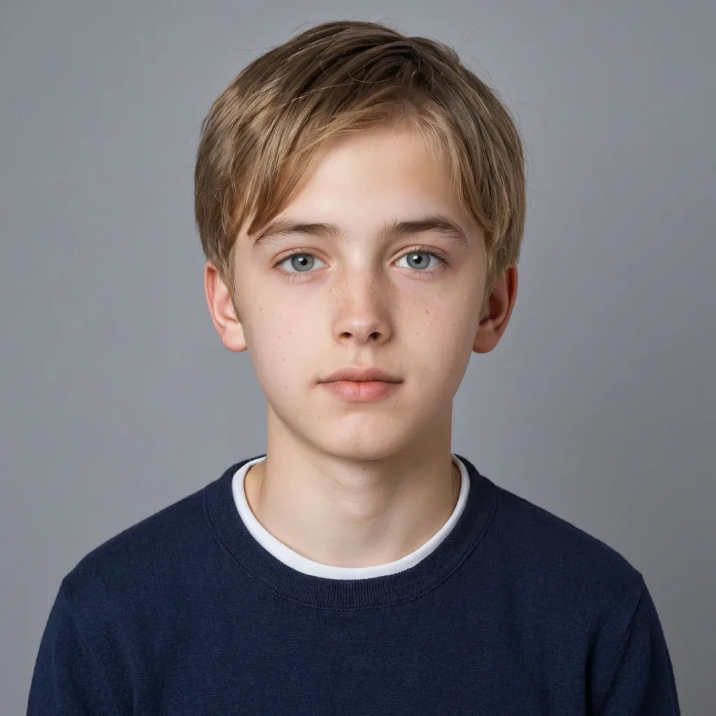 Blonde teen male model with blue eyes ready for online eyewear virtual try-on to test frame styles.