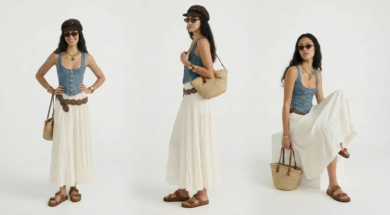 Latina model trying on bohemian outfit with denim corset, white maxi skirt, and woven bag, using AI outfit generator from an image free.
