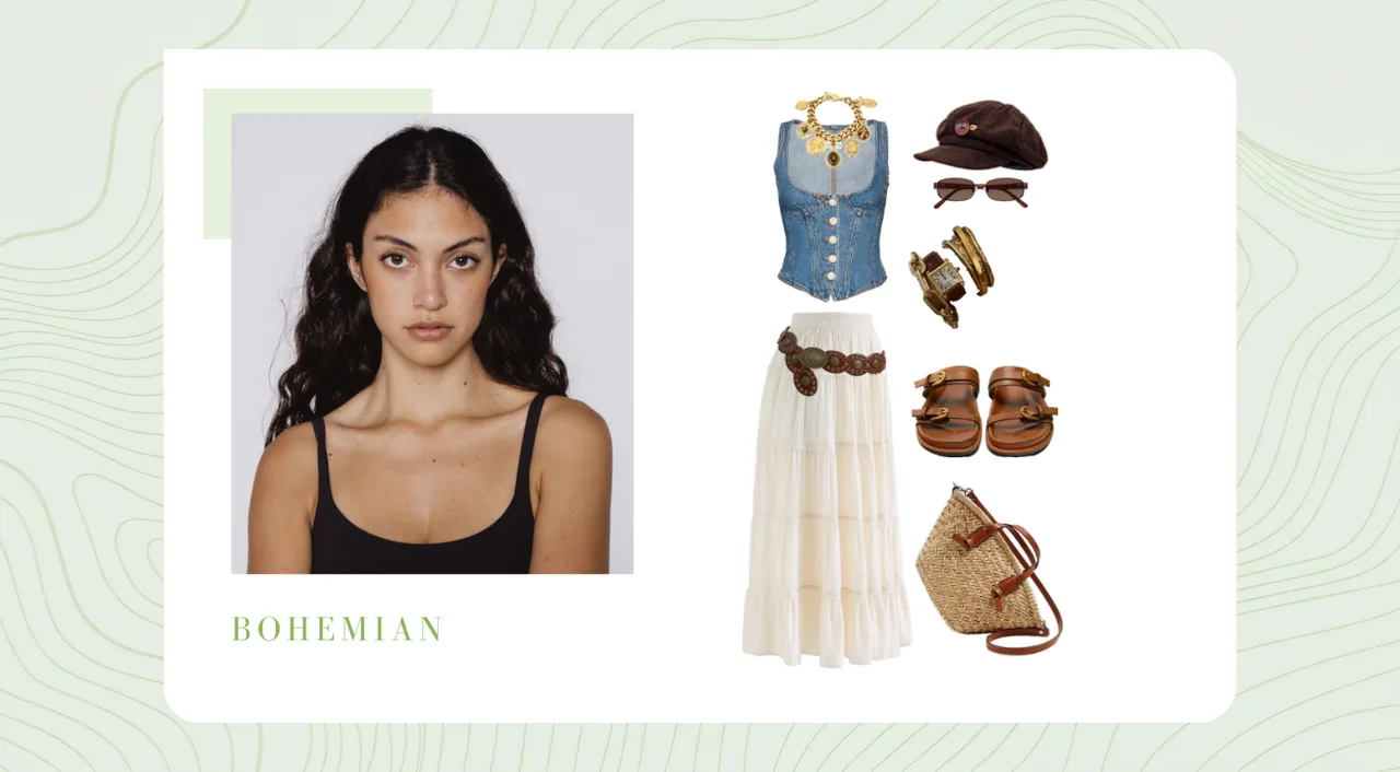 Bohemian outfit try-on preview with Latina model, denim corset, white maxi skirt, and accessories, generated by AI outfit generator.