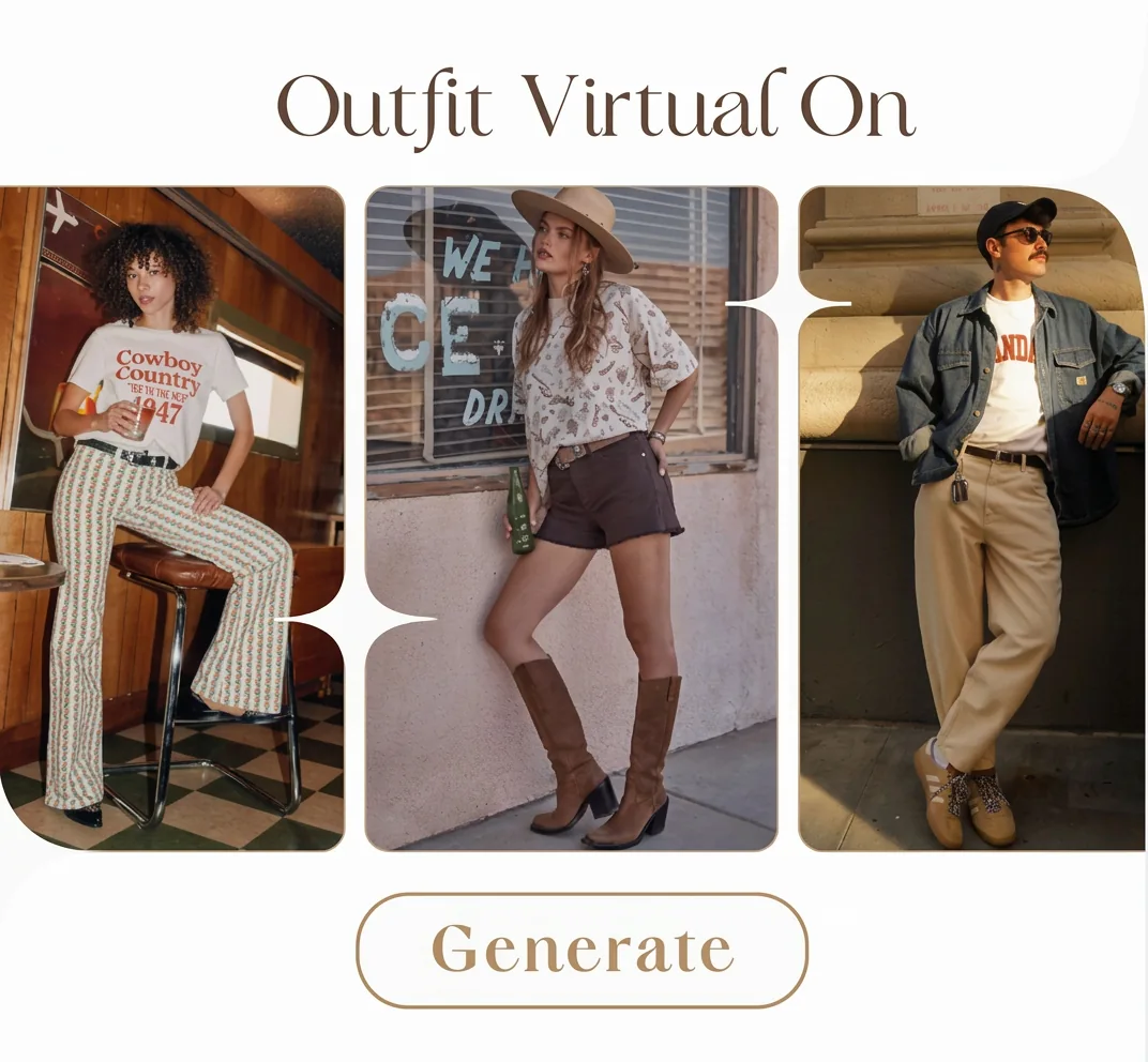 AI Outfit Generator virtual fitting example page showing diverse outfit previews, enabling users to try on clothes with a virtual model or their own photos