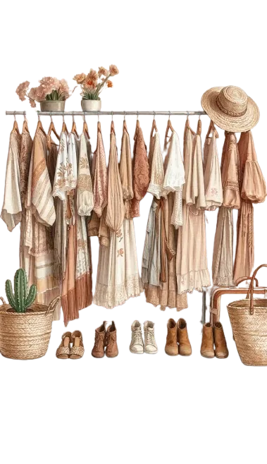 AI closet generator illustration: curated bohemian wardrobe with dresses, shoes, and accessories, helping users visualize new outfit combinations