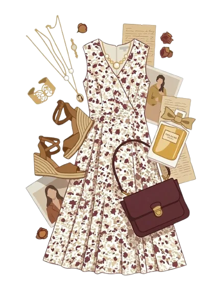 AI outfit generator illustration: floral dress with accessories, showing a realistic outfit preview to eliminate online shopping fit anxiety