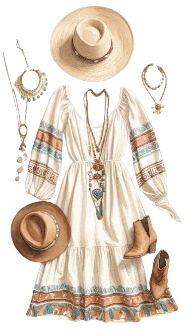 AI outfit generator app illustration: bohemian maxi dress with layered jewelry and cowboy boots, enabling risk-free exploration of new fashion styles