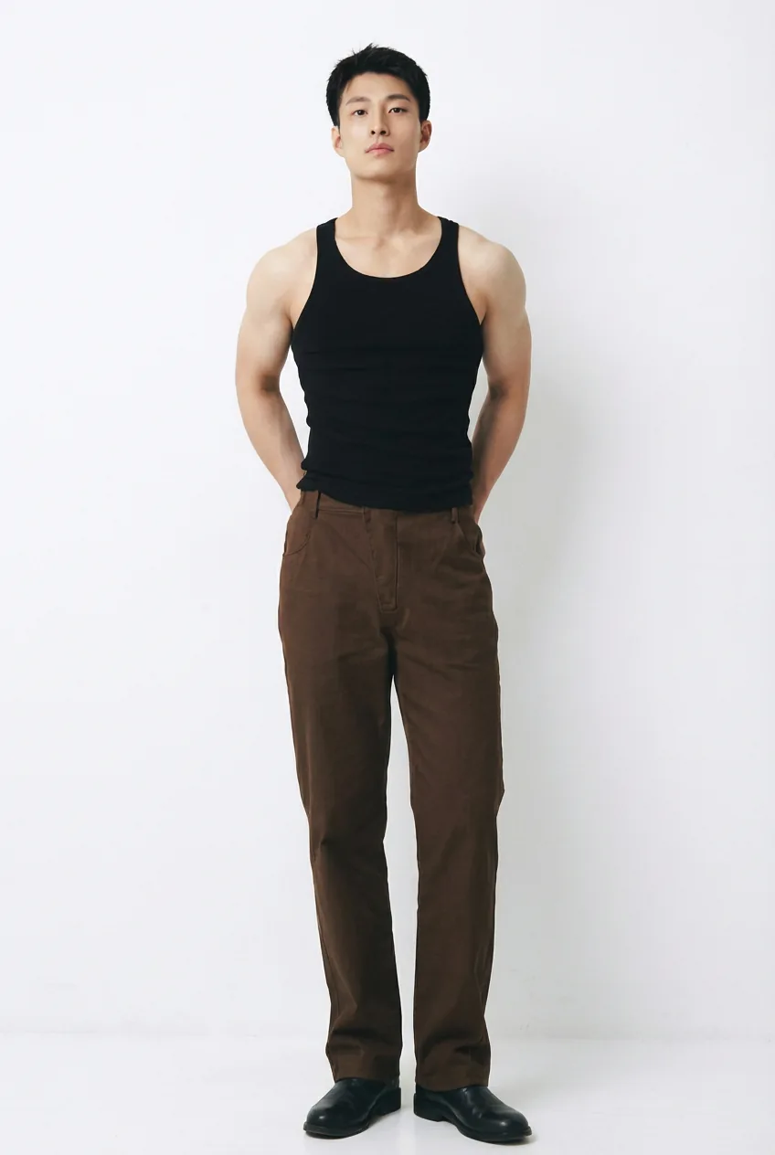 East Asian male model in a black tank top and brown pants, for try-on with AI outfit generator app.