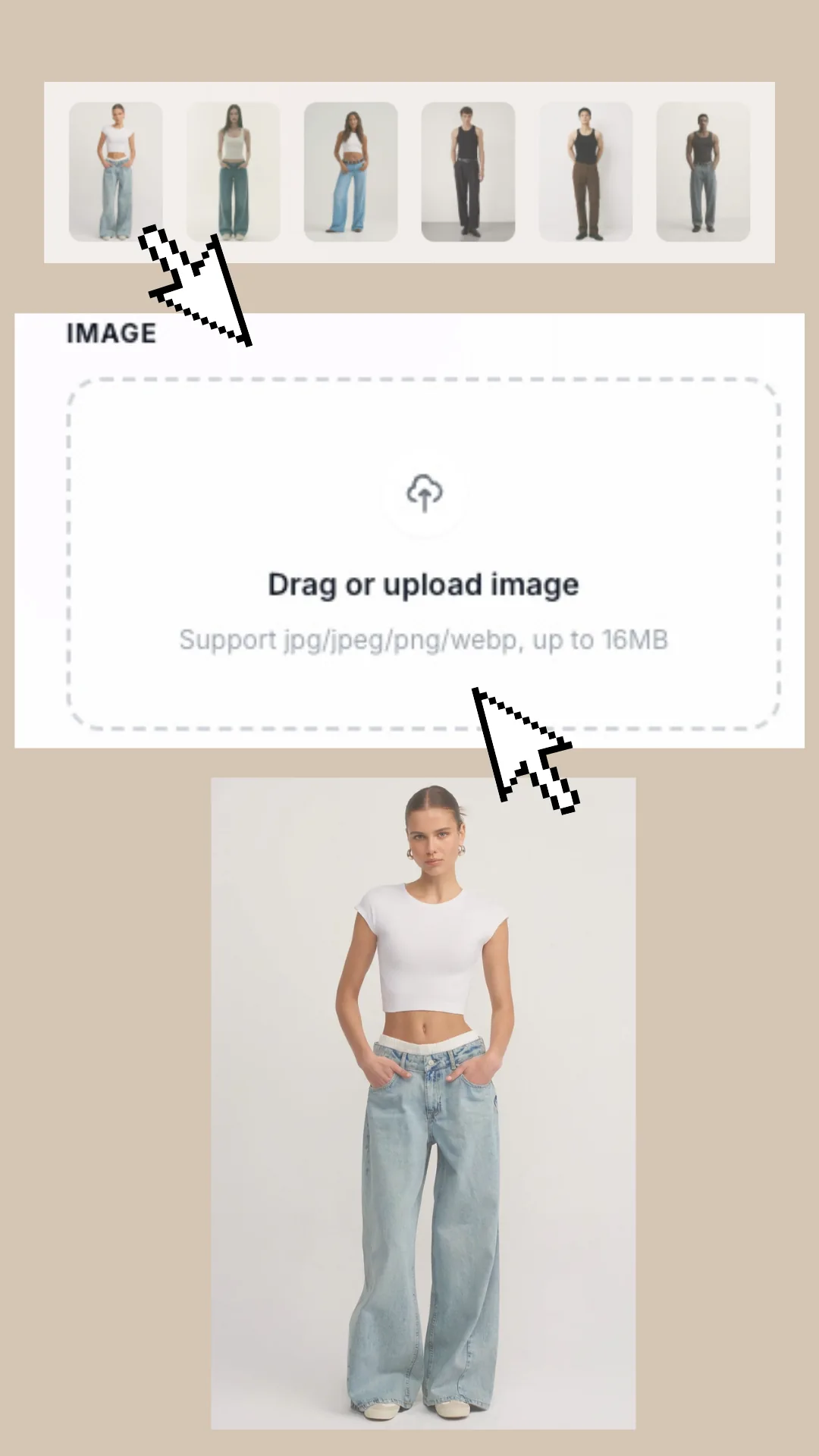 AI outfit generator interface showing diverse virtual models and drag-and-drop upload area, allowing users to choose a model or upload a photo for virtual try-on