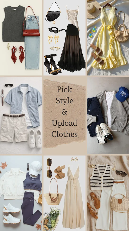 Diverse fashion outfits are provided, enabling users to select styles or upload their own garments via AI outfit generator for the coming virtual try-on