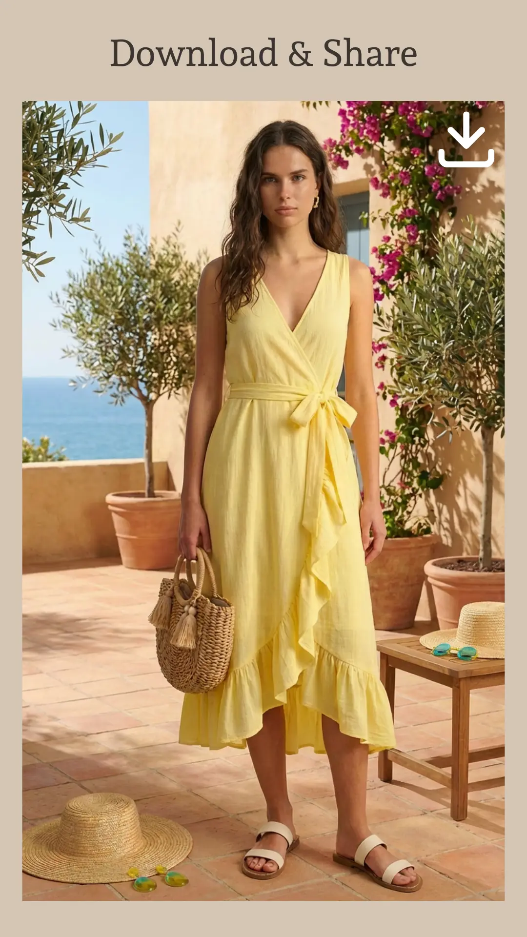 A woman in yellow ruffled dress with download icon, showing AI-generated outfit results ready for download and sharing with