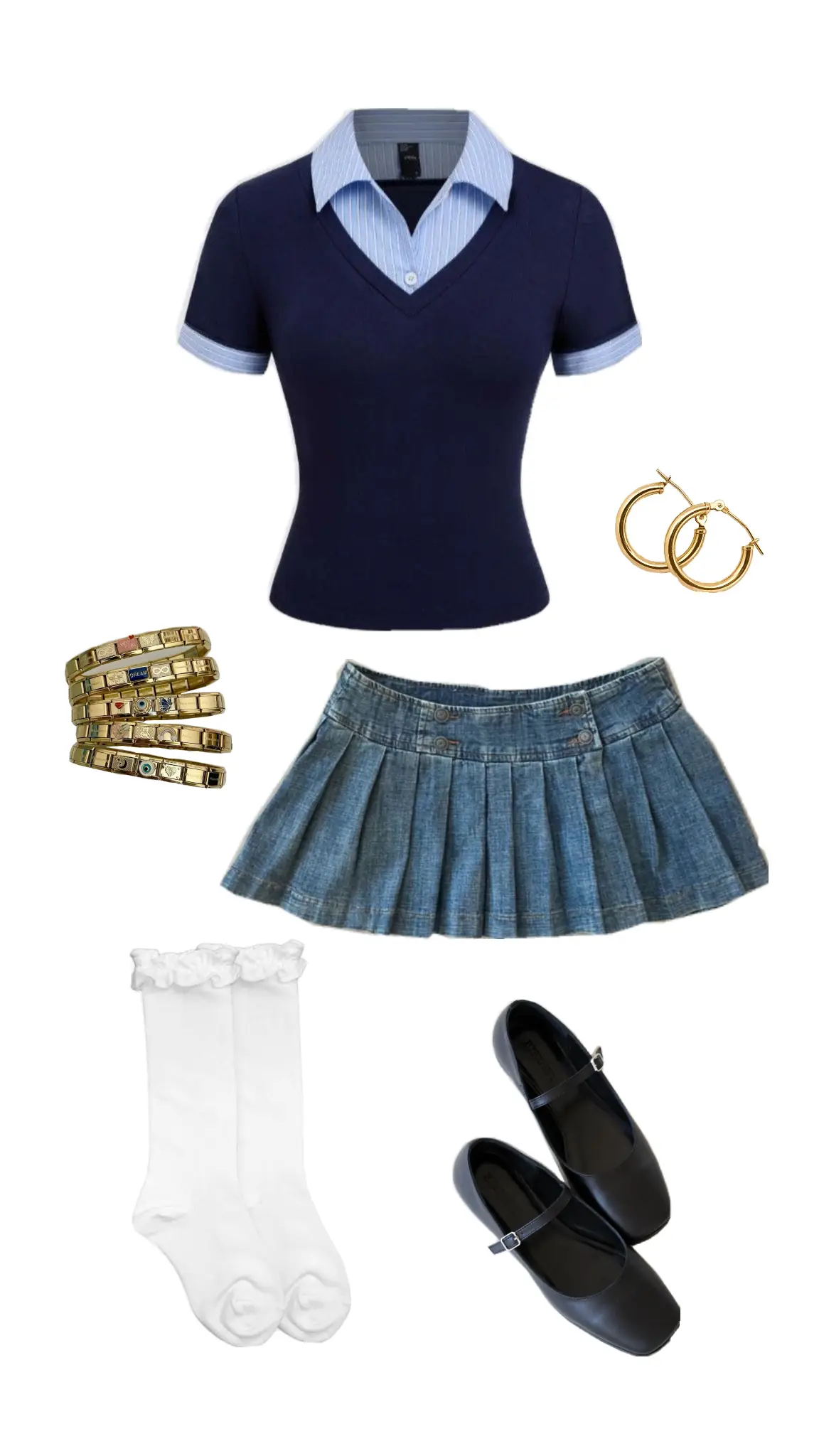 Preppy outfit with a navy top, a denim skirt, white socks, and Mary Janes, provided by the AI outfit generator with pictures.