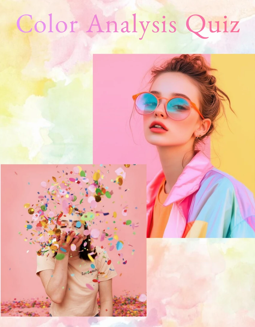 Cover image for a 'Color Analysis Quiz' featuring a vibrant watercolor design, a woman in colorful fashion with sunglasses, and a person blowing confetti.