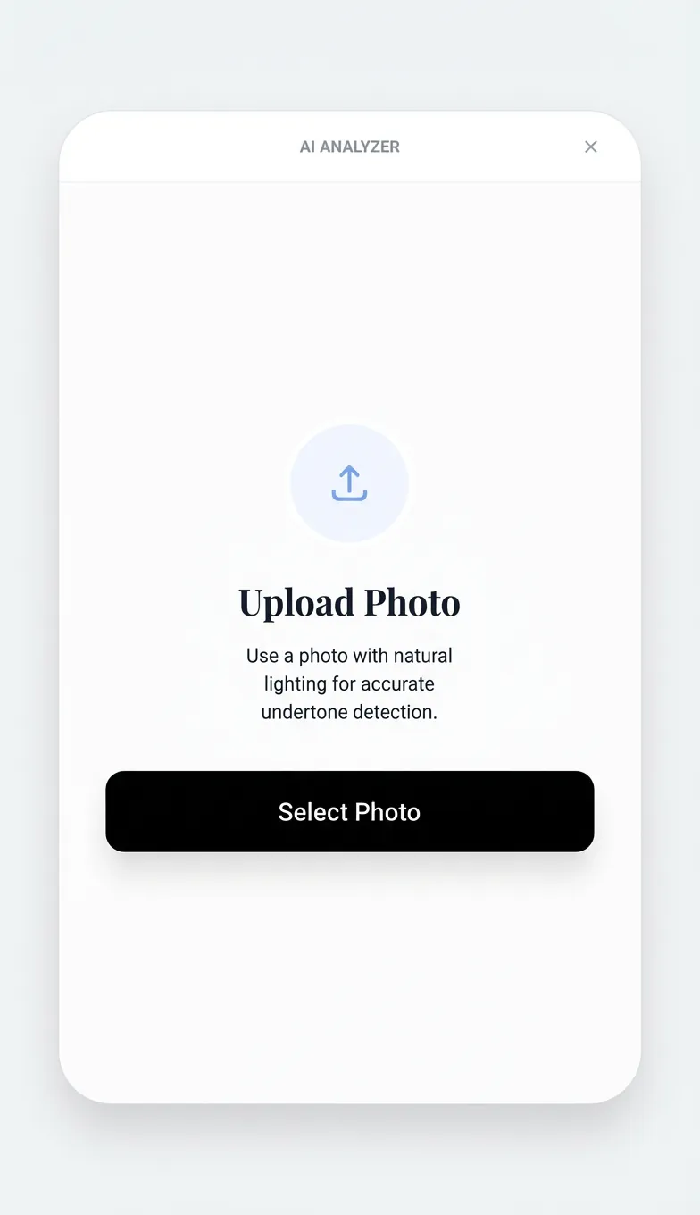 Step 1 of AI color analysis: Upload screen prompting users to take a selfie in natural lighting for accurate skin undertone detection.