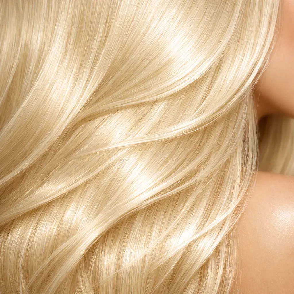 Close-up texture of shiny, healthy blonde hair representing damage-free virtual coloring.