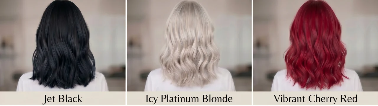 Collage of hair colors to avoid for soft autumn palette, featuring jet black, icy platinum blonde, and vibrant cherry red, highlighting clashing high-contrast tones.
