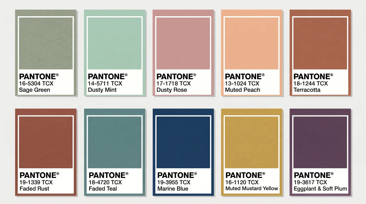 Pantone swatch collection of soft earthy accent hues, showcasing the soft warm autumn color palette guide.