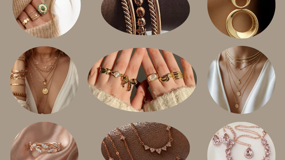 Collage of warm-textured jewelry metals, showcasing ideal accessories for soft autumn palette with antiqued brass, copper, matte gold and rose gold finishes.
