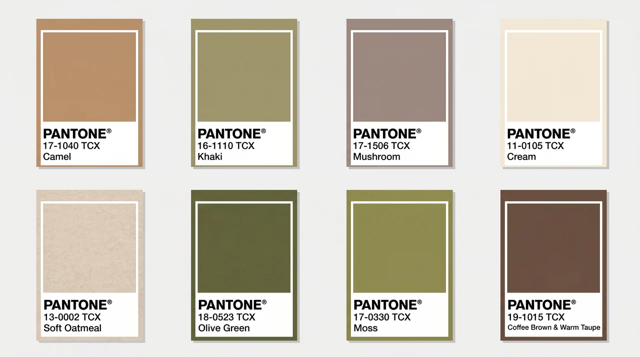 Pantone swatch set of warm muted neutrals, representing the soft autumn palette colors for everyday wear.
