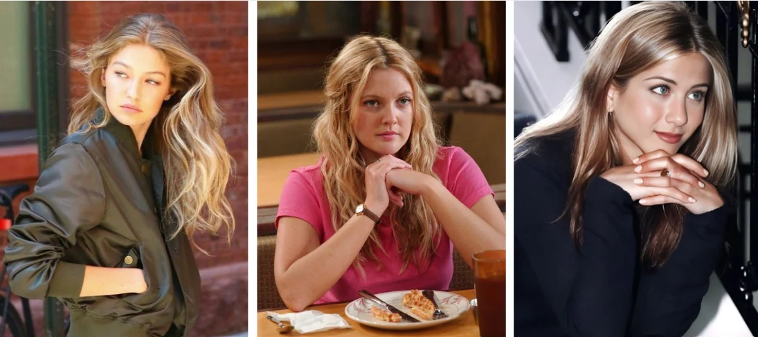 Collage of soft autumn palette celebrities: Gigi Hadid, Drew Barrymore, and Jennifer Aniston, exemplifying the soft autumn color palette features.