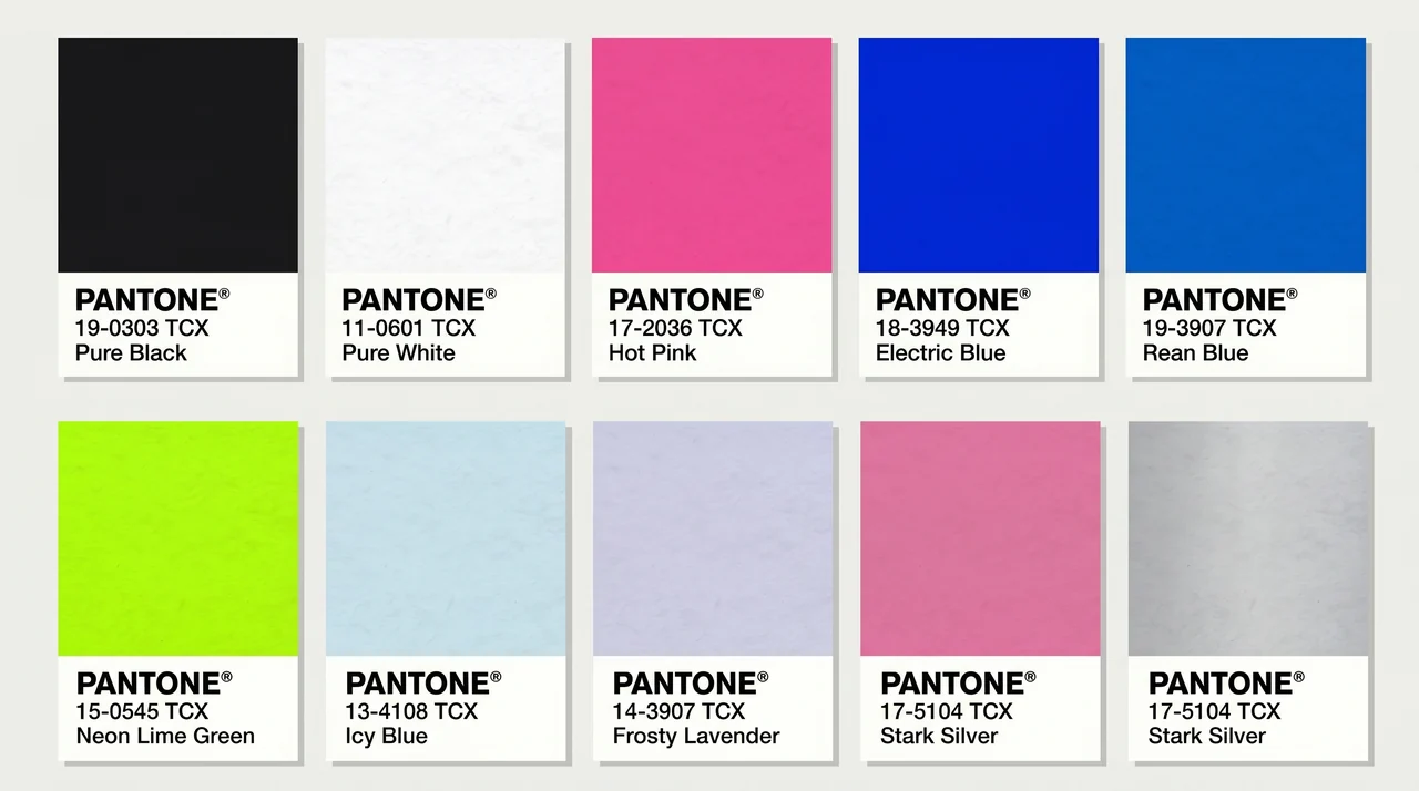 Pantone swatch set of high-contrast bright and cool tones, illustrating colors to avoid with the soft autumn palette.